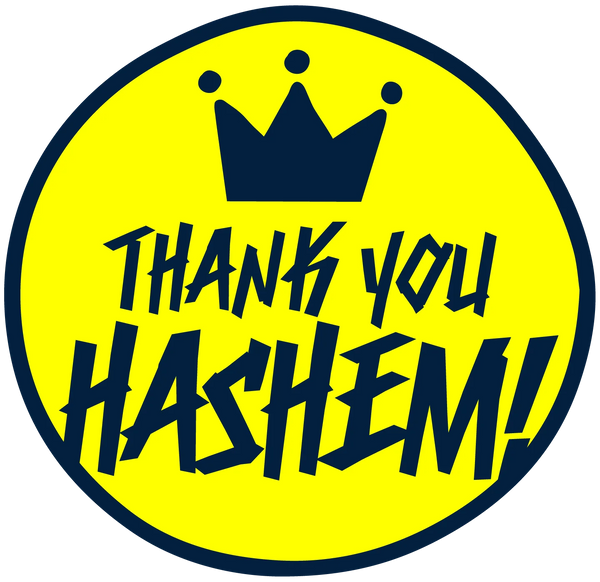 A circular yellow sticker or patch featuring a navy blue crown at the top and the text 'THANK YOU HASHEM!' in a bold, stylized navy blue font, shown on a plain white background.